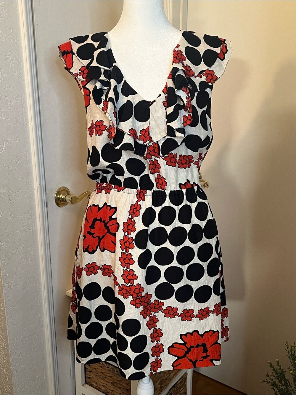 leifsdottir silk Cream Mini Dress with Black Polka Dots & Red Floral Print